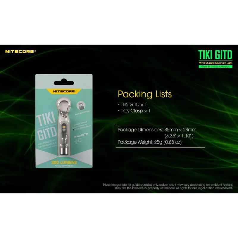 Keychain flashlight Nitecore TIKI GITD Grey — USB rechargeable, 1 lm, 55 mm, 12 g, IP66