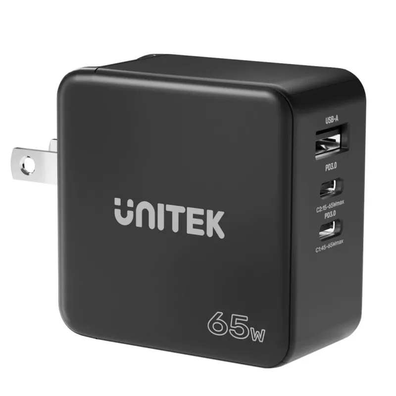 Unitek P1117B USB-C PD 65W Universal Mobile Charger, 2x USB‑C PD + 1x USB‑A, Black