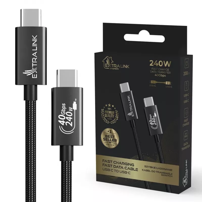 USB C to USB C cable Extralink CABESL05 — 2 m, USB 2.0, black