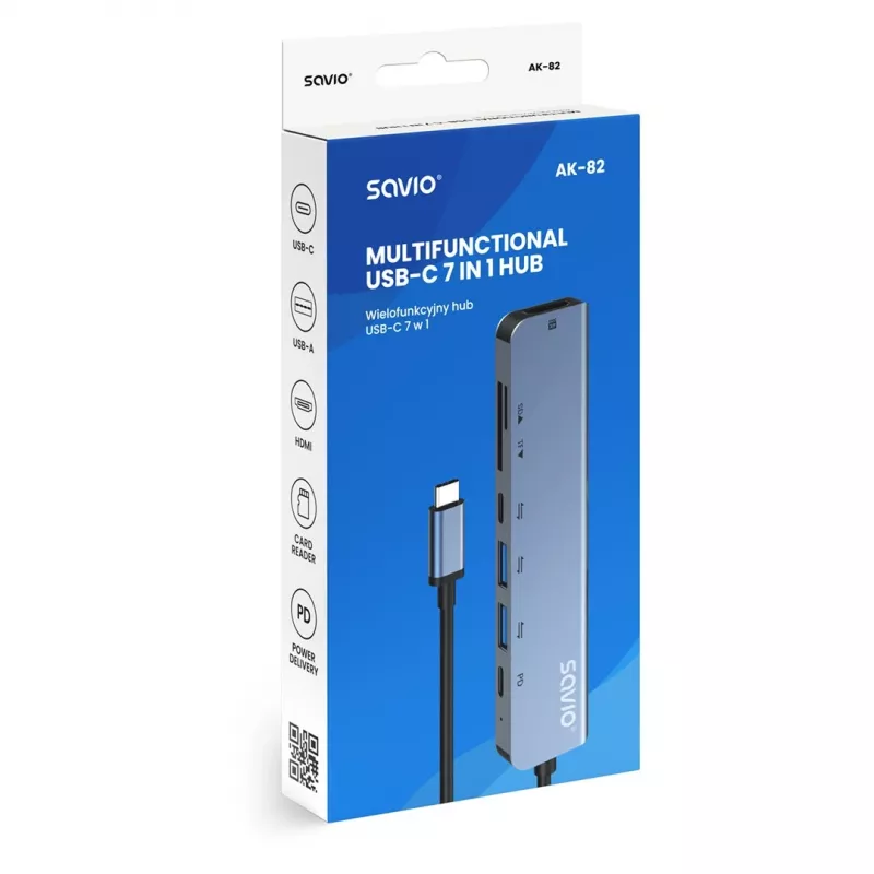 USB Type-C hub SAVIO AK-82 with HDMI, MicroSD, USB 3.2 Gen1, PD passthrough, 4K@30Hz, 5000 Mbit/s, black