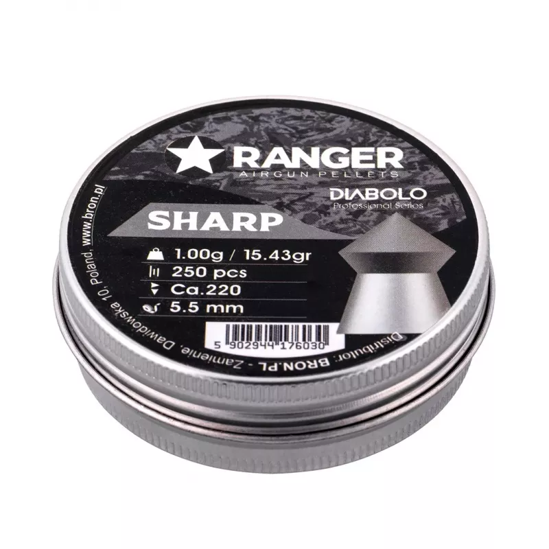 Gun pellets RANGER PRORO 5.5 mm, diabolo shape, silver, 250 pcs, aluminium dispenser