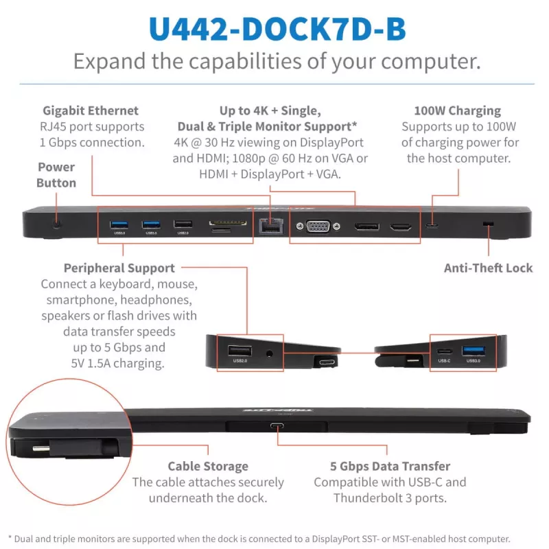 USB-C Dock, Triple Display - 4K HDMI & DP, VGA, USB 3.2 Gen 1, USB-A/C Hub, GbE, 100W PD Charging
