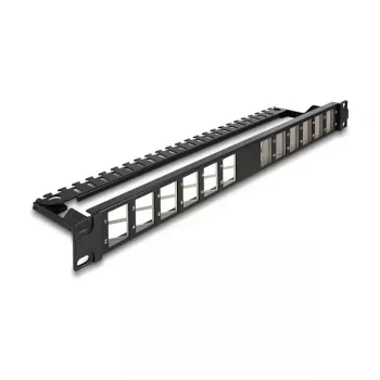 DELOCK 19 inch Keystone Patch Panel 24-port angled with strain relief, 1U, black, 482.6×125.5×44.2 mm