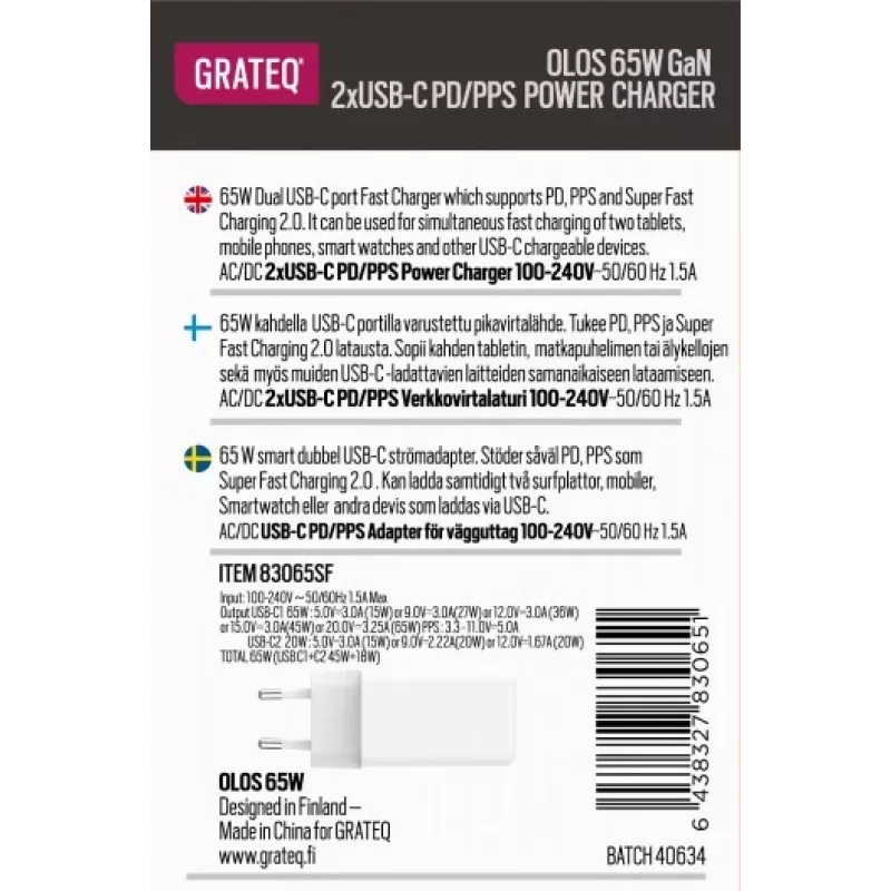 Charger GRATEQ OLOS PD/PPS 2xUSB-C 65W Fast Power Charger 35W