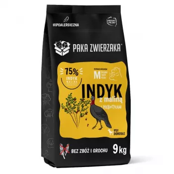 Dry dog food PAKA ZWIERZAKA Turkey with Raspberry M — 9 kg, adult large breeds, 28% protein, 15% fat