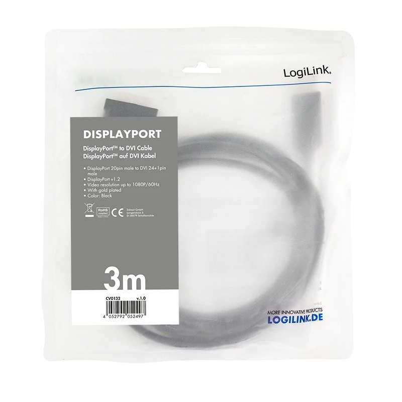 Video cable adapter LogiLink CV0132 DisplayPort to DVI 3m Black