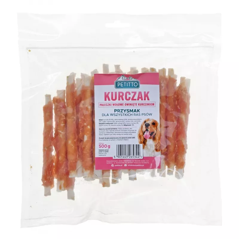Dog treats PETITTO Chicken wrapped chopsticks 500 g — chicken-flavored chew sticks, 60% protein, 18% moisture