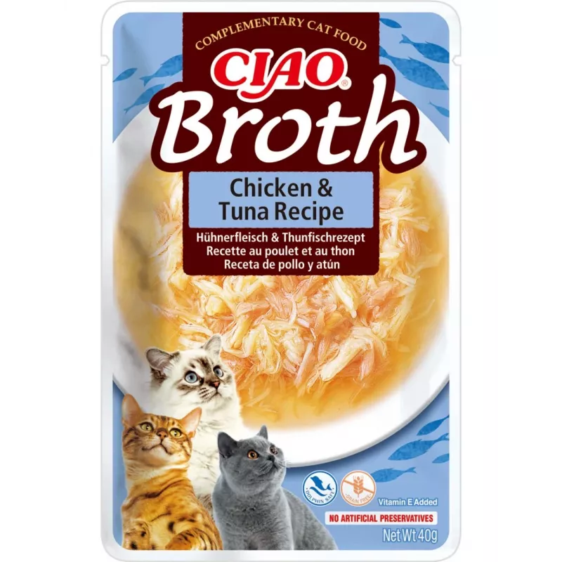 Wet cat treat INABA Ciao Broth Chicken & Tuna 40 g — meaty liquid snack in sachet, protein 9.4%, moisture 88%