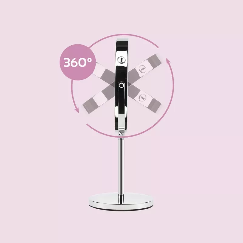 Freestanding Makeup Mirror Girmi BE02 — Round stainless steel, LED touch control, 1x/3x magnification, USB-C rechargeable (1000 mAh)