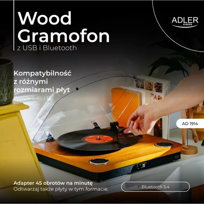 Analogue belt-drive turntable Adler AD 1914 with USB port, ceramic platter, DC motor, 33 1/3 rpm, Bluetooth 5.4, RCA outputs, built-in speakers