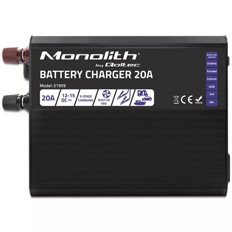 Charger QOLTEC Monolith 20A 12V for LiFePO4, AGM, GEL, SLA batteries