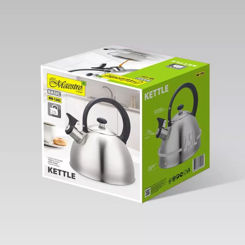 Kettle Maestro MR1302 stainless steel 2.5 L, induction-ready, hinged whistle, black handle