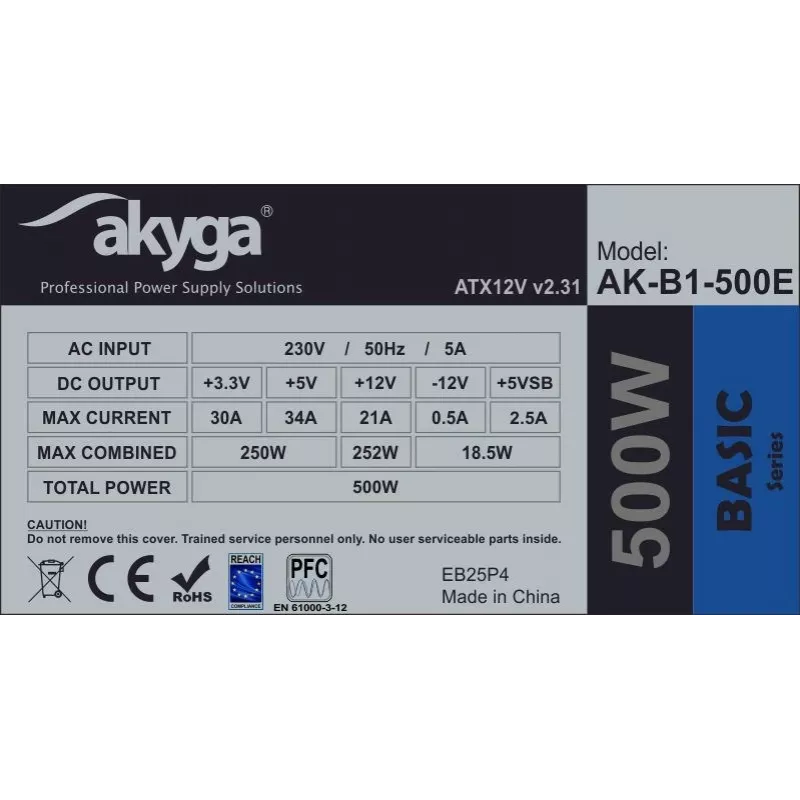 ATX power supply Akyga AK-B1-500E 500 W, 120 mm fan, 20+4 pin ATX, 3× SATA, passive PFC