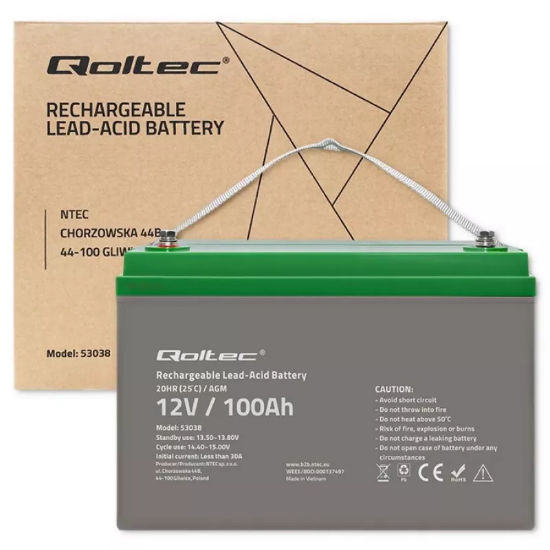 Qoltec 53038 AGM battery | 12V | 100Ah | max 1200A