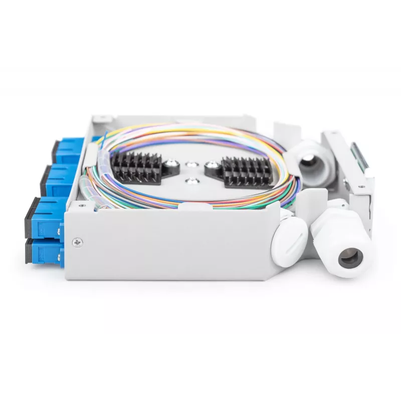 Fiber optic DIN-rail box DIGITUS DN-963890, OS2, SC adapter with 2 m pigtail, steel, blue/grey