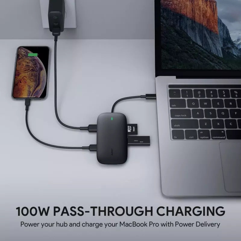 Laptop dock AUKEY CB-C71 — 3x USB‑C (USB 3.2 Gen1), HDMI, RJ‑45, MicroSD, USB PD 100W, 0.15 m cable, black