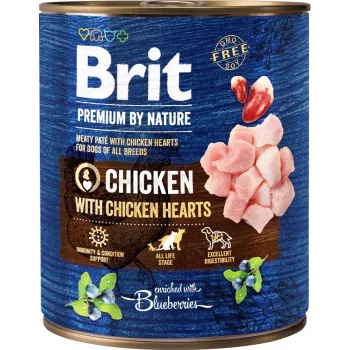 Wet dog food Brit Premium by Nature Chicken with Hearts 800 g can — adult dogs, 78% moisture, 8% protein, 6% fat
