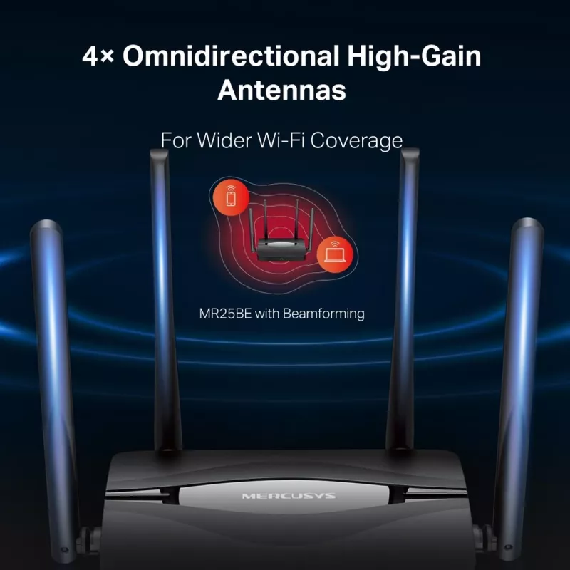 Tabletop router MERCUSYS MR25BE EasyMesh Wi‑Fi 7 dual‑band 2.4/5 GHz, 3600 Mbps, 3× Gigabit LAN, 4 external antennas