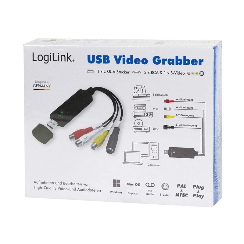 LogiLink USB 2.0 a/V Grabber. USB a/M Zu 3xCinch + MiniDIN5/F. Black