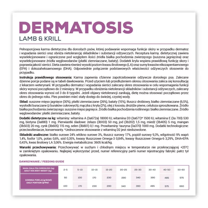 Dry dog food VETEXPERT Dermatosis Lamb & Krill 12 kg — veterinary diet for skin conditions, protein 24%, fat 17%