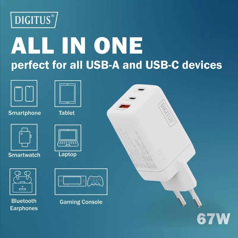 Wall charger DIGITUS DA-10303 67W GaN, 2× USB-C + 1× USB-A, 100–240V, white