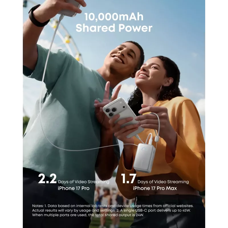 Power bank Anker A1638 10000 mAh, 45 W total output, white, built-in retractable USB-C cable