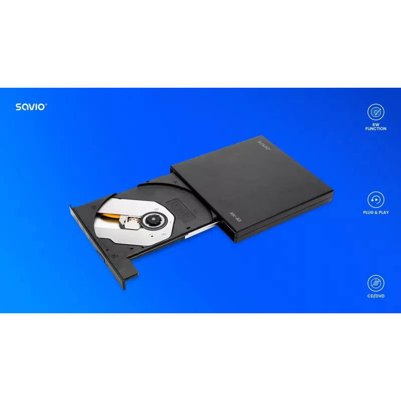 External Slim DVD±RW Drive SAVIO AK-43, USB 2.0, black, supports CD/DVD read/write (24x CD, 8x DVD)