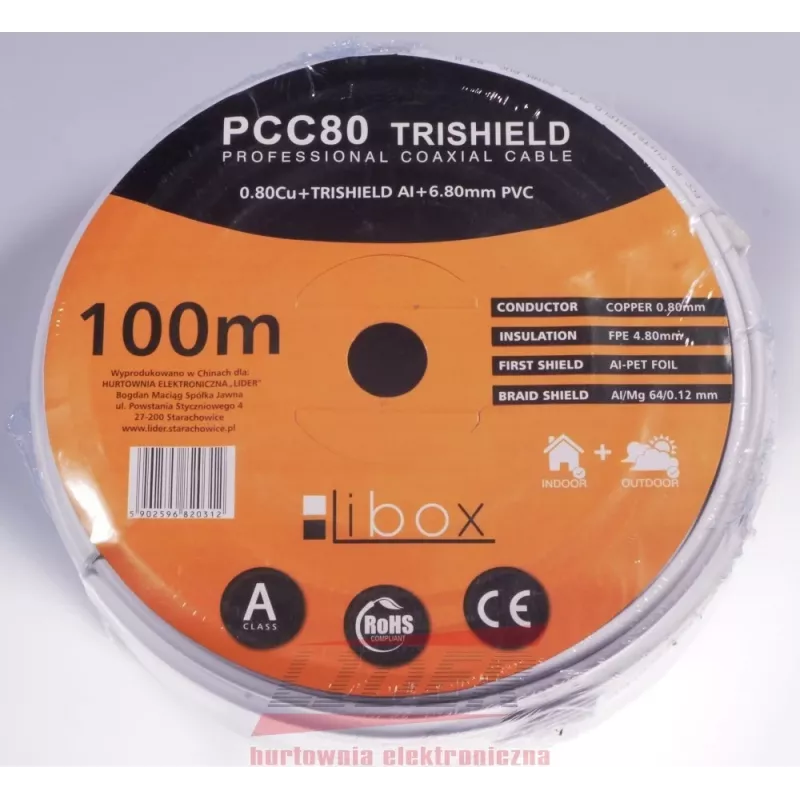 Coaxial cable LIBOX PCC80 RG-6/U 100 m, FEP jacket, 0.8 mm copper conductor, aluminium shield, white