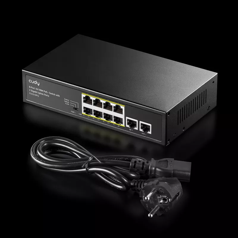 Network switch Cudy FS1010PG — 10/100 Mbps, 8 PoE ports, 2 uplink, 120W PoE budget, metal housing