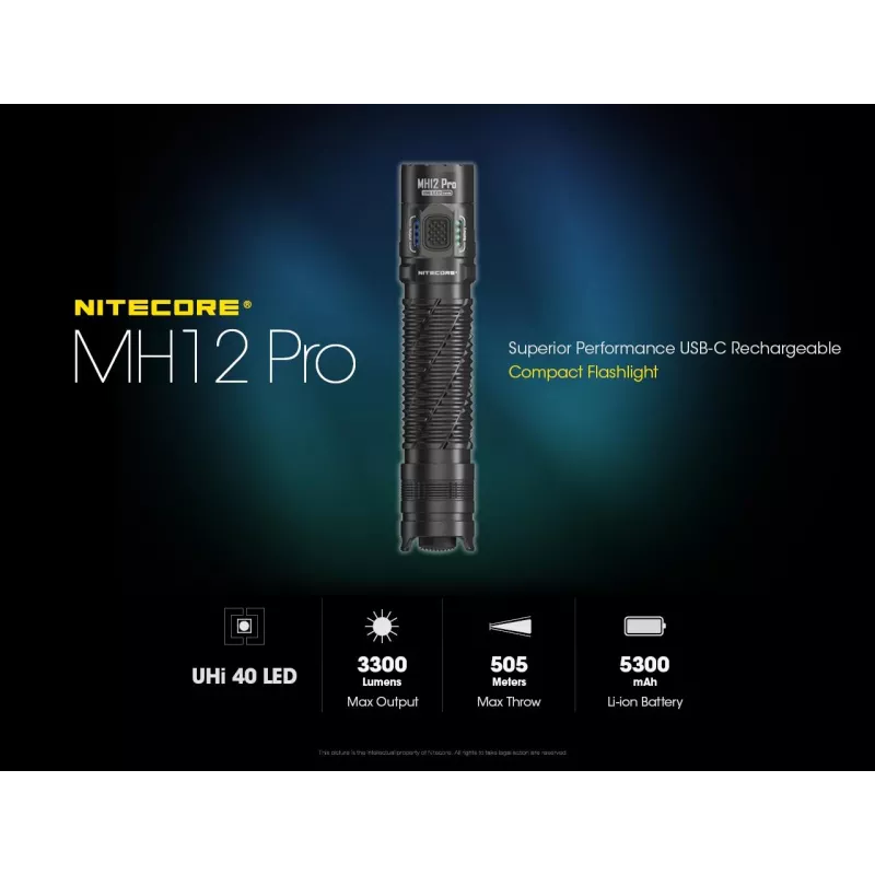 Hand flashlight Nitecore MH12 Pro Black LED 3300 lm USB-rechargeable 5300 mAh, aluminum, 138.5 mm, 81.5 g, waterproof 2 m