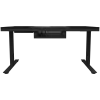 Dual-motor sit/stand adjustable-height gaming desk with built-in PC case, wireless charger, RGB lighting, control panel, and USB ports, tempered glass tabletop, black.