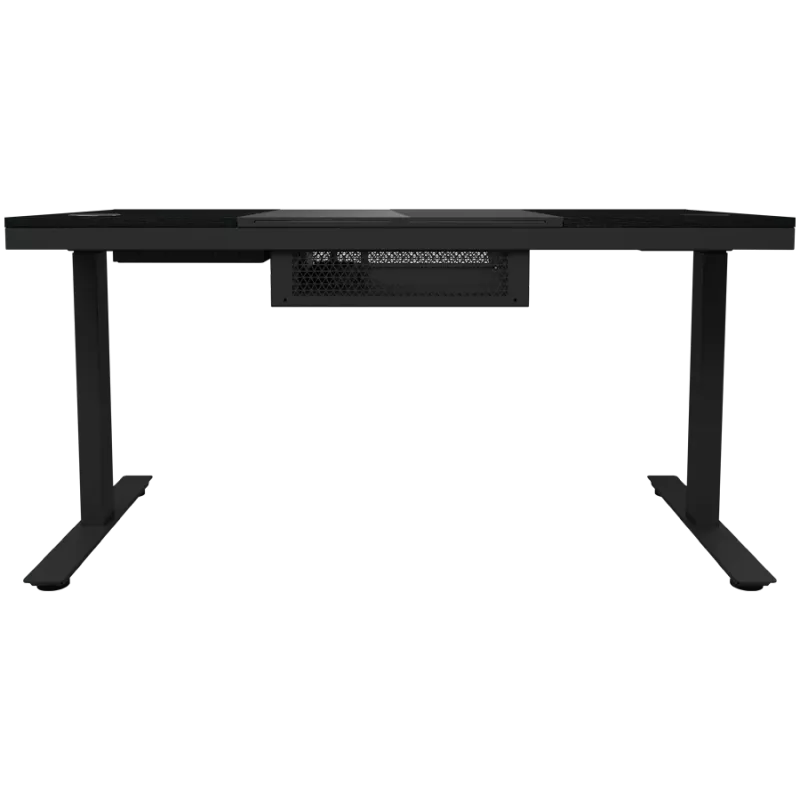 Dual-motor sit/stand adjustable-height gaming desk with built-in PC case, wireless charger, RGB lighting, control panel, and USB ports, tempered glass tabletop, black.
