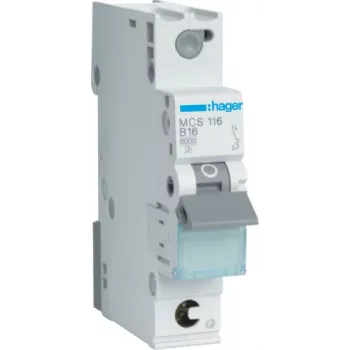 Hager MCS116. Rated Current: 16 A, AC Input Frequency: 50/60, Nominal Current Output: 16 A. Width: 17,5 mm, Depth: 70 mm, Height: 83,4 mm (MCS116)