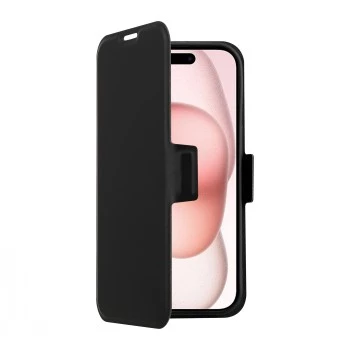 Wallet case SCREENOR CLEVER for iPhone 15 (6.1 inch, PU leather, black) with card pocket and desktop stand