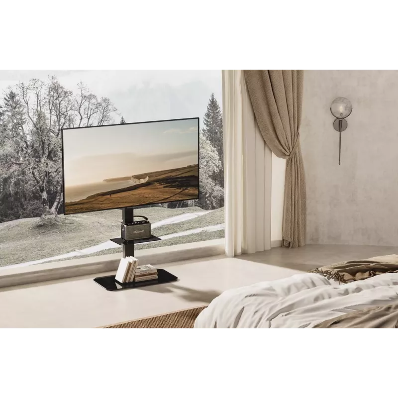 Floor TV stand GEMBIRD TVS-86ST-01 for 43–86 inch TVs, black, tempered glass base, VESA 100x100–600x400, max 60 kg