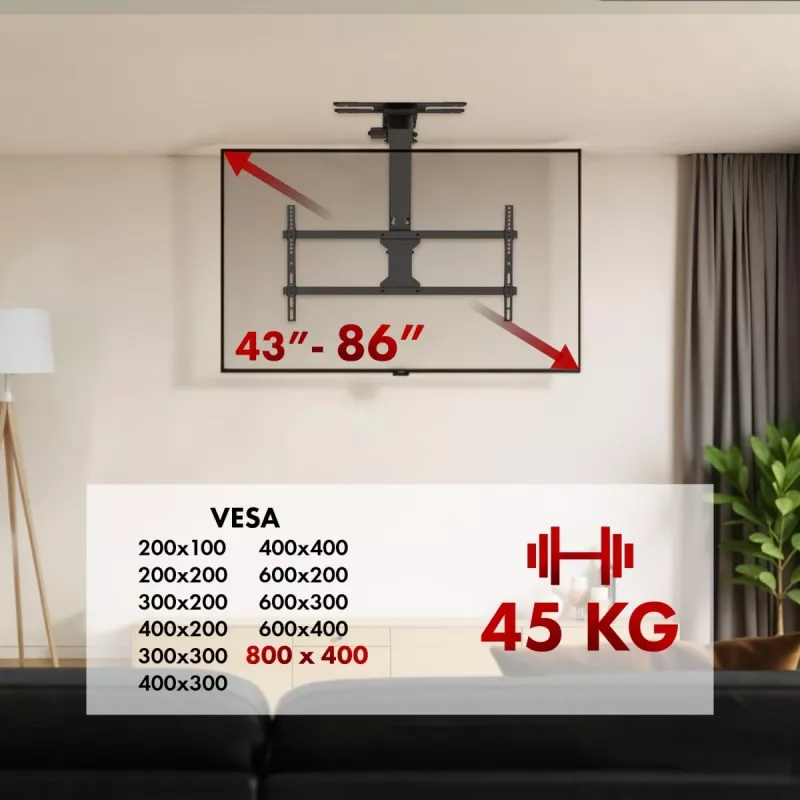Ceiling TV Mount MACLEAN MC-109 T VESA 800x400 for 43–86 inch screens, max load 45 kg