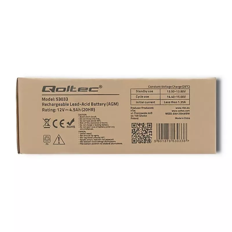 AGM Battery Qoltec 53033 4.5 Ah 15 V 65.5 A Motorcycle