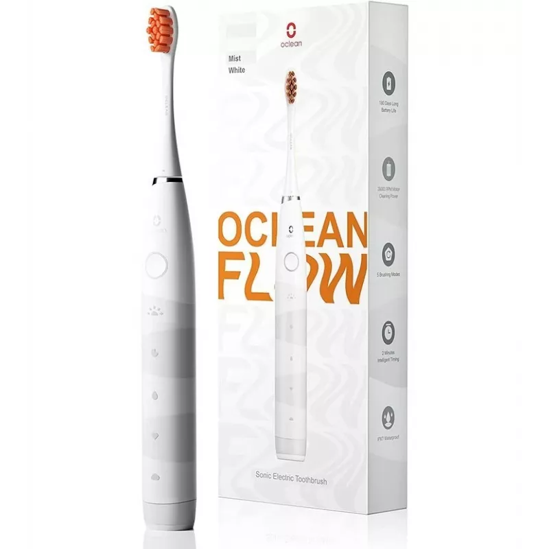 Sonic toothbrush OCLEAN FLOW Adult — battery-powered, whitening mode, integrated timer, adjustable speed, 255 mm height, white, 0.13 kg, 1 handle + 1 brush head
