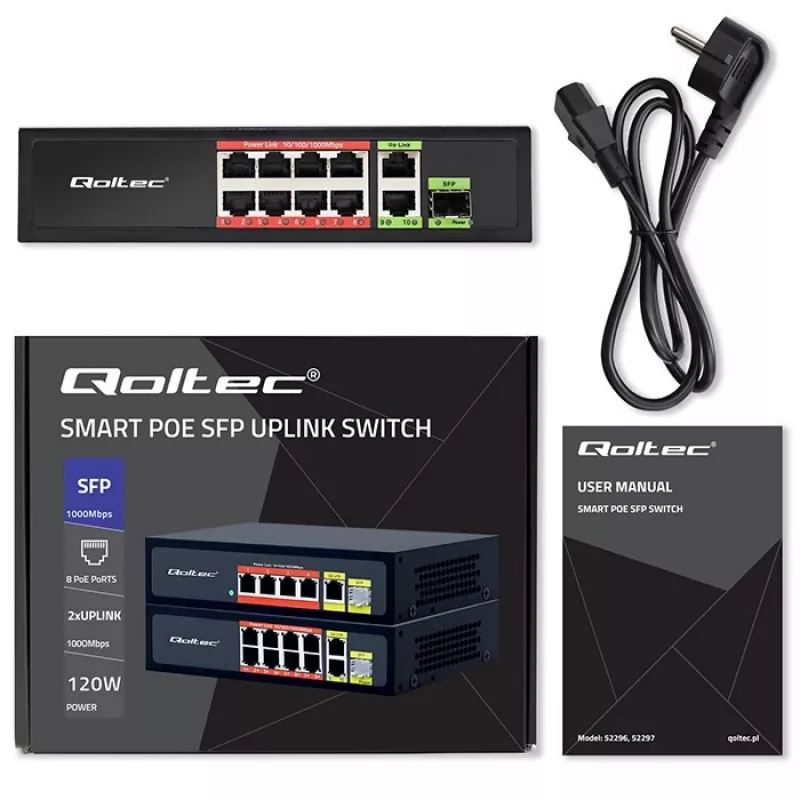 Ethernet Switch QOLTEC 52297 PoE RJ45 with PoE Uplink and SFP port