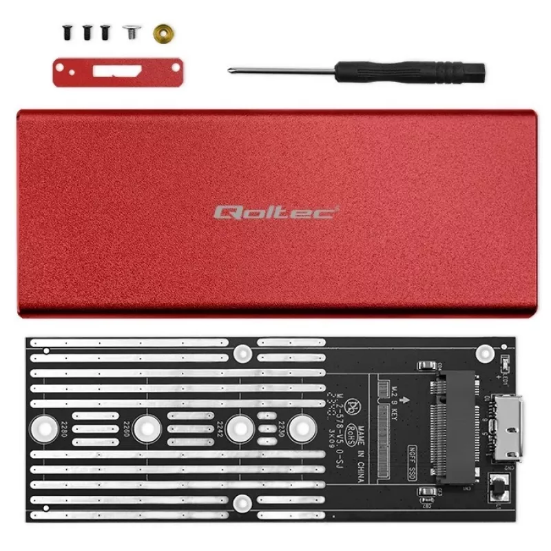 SSD enclosure QOLTEC 51831 USB 3.0 for M.2 SATA drives up to 2TB, red, supports 30 mm length, up to 4 drives