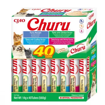 Wet cat treats INABA Churu Variety Box — Tuna, 40 × 14 g paste pouches, grain‑free, gluten‑free
