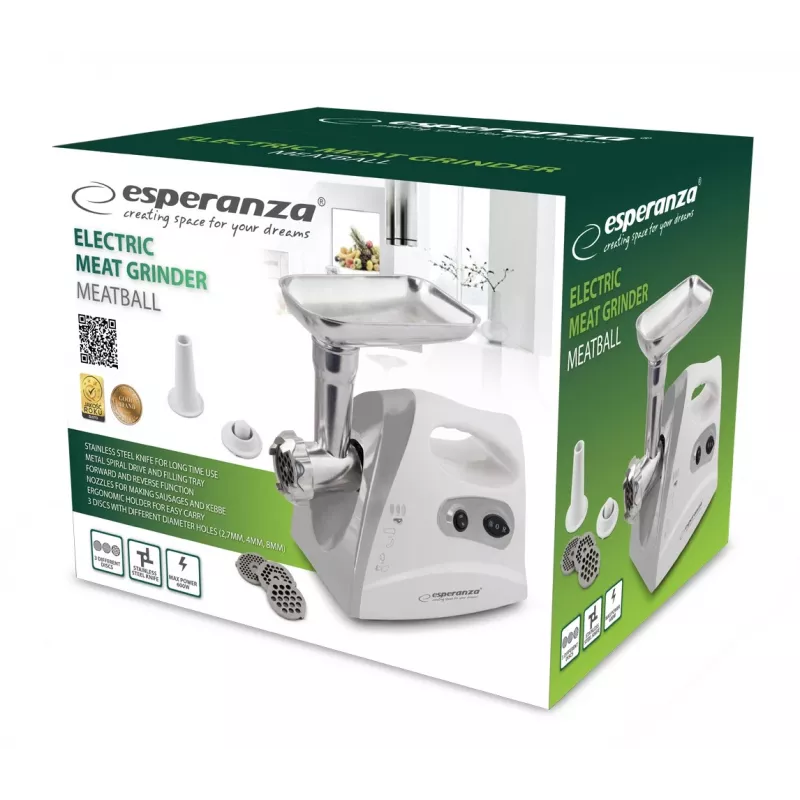 Electric Meat Grinder ESPERANZA EKM012E 600 W, Grey, 2.6 kg, reverse, sausage horn, kebbe maker