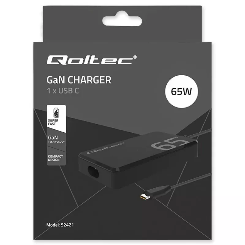 QOLTEC Charger 65W GaN Super Fast SLIM PD 5-20V 3.25A USB-C