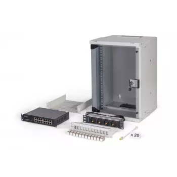 DIGITUS SOHO PRO 9U 10 inch Wall-Mounted Network Cabinet Kit, Grey, 315x300mm, with Switch, Patch Panel, Cables