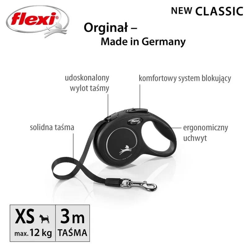 Retractable leash Flexi New Classic Cat XS 3 m — cord lead for small pets, black, max load 8 kg