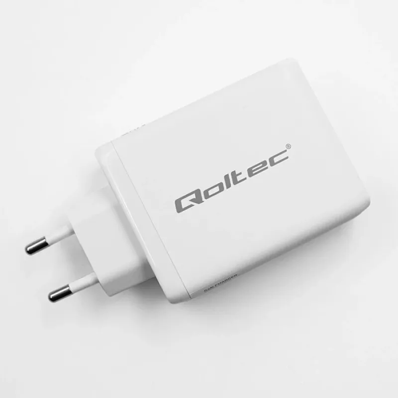 Charger QOLTEC 100W GaN USB-C Dual PD 5–20V 1.5–5A, 2×USB-C