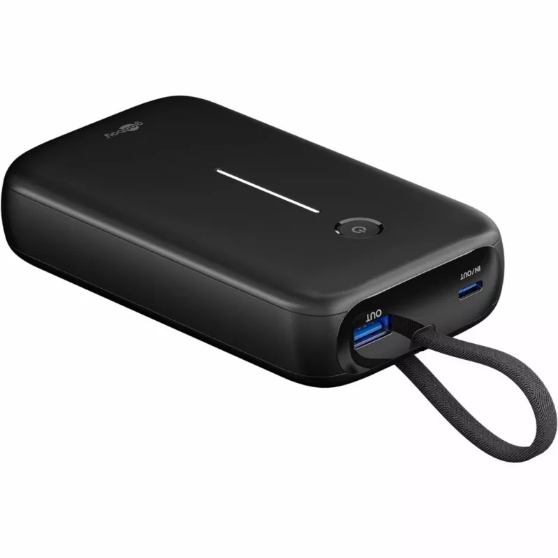Powerbank 20.000 mAh, integrated USB-C cable 13cm, 30 Watt (black, 20 Ah, 1x USB-A, 2x USB-C, PD, QC)