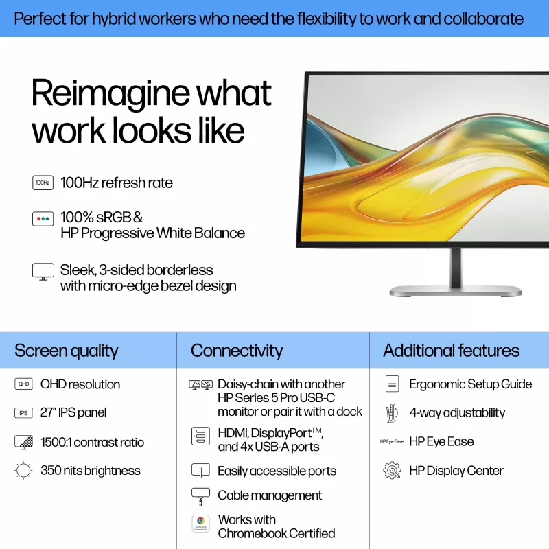 HP Series 5 Pro 27 inch QHD Monitor - 527pq, 68.6 cm (27 inch), 2560 x 1440 pixels, Quad HD, LCD, 5 ms, Black