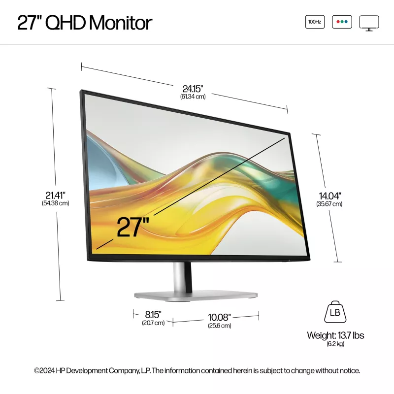 HP Series 5 Pro 27 inch QHD Monitor - 527pq, 68.6 cm (27 inch), 2560 x 1440 pixels, Quad HD, LCD, 5 ms, Black