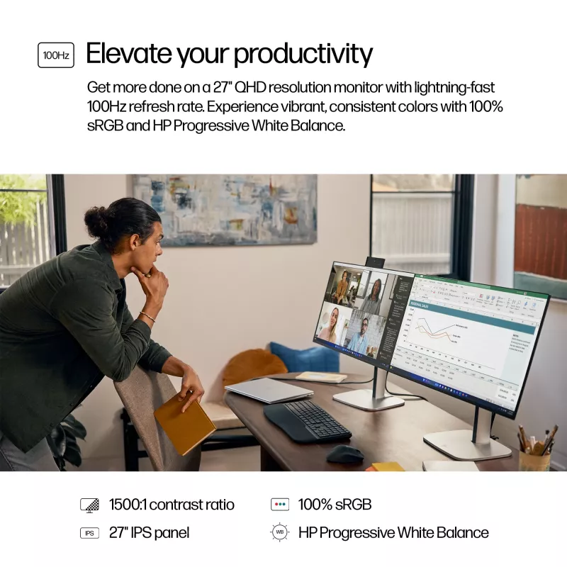 HP Series 5 Pro 27 inch QHD Monitor - 527pq, 68.6 cm (27 inch), 2560 x 1440 pixels, Quad HD, LCD, 5 ms, Black